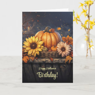 Halloween Birthday with Pretty Flowers Pumpkins Card