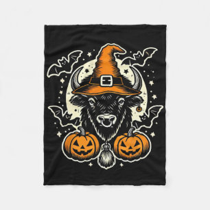 Halloween Bison Spooky Witch Hat And Pumpkins Art Fleece Blanket