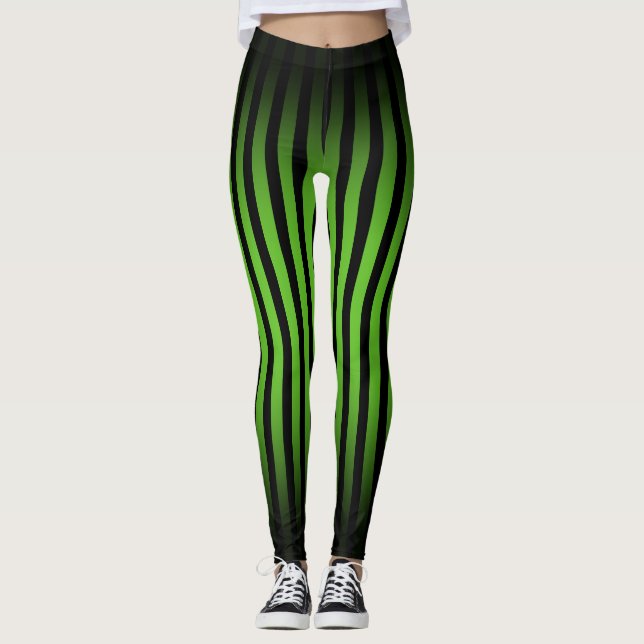 Halloween Black and green vertical stripes ombre Leggings (Front)