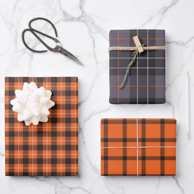 Halloween Black and Orange Checked Plaid Gingham  Wrapping Paper Sheet (Front)