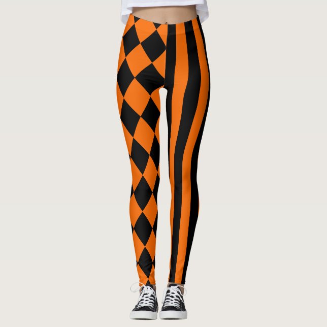 Halloween Black and Orange mix pattern Leggings (Front)