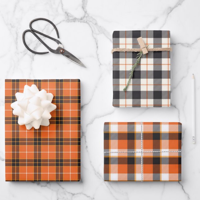 Halloween Black and Orange Tartan Plaid Gingham  Wrapping Paper Sheet (Front)