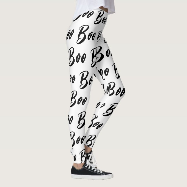 Halloween Black and White boo text pattern Leggings (Right)