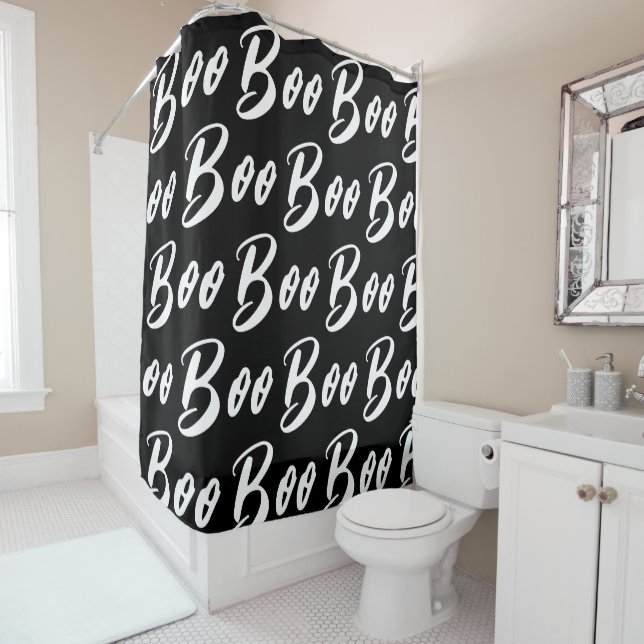 Halloween Black and White boo text pattern Shower Curtain (In Situ)