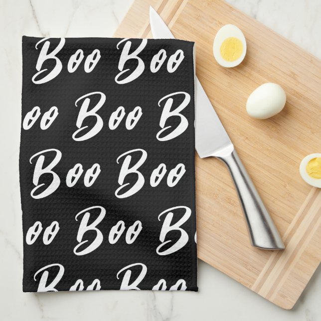 Halloween Black and White boo text pattern Tea Towel (Quarter Fold)