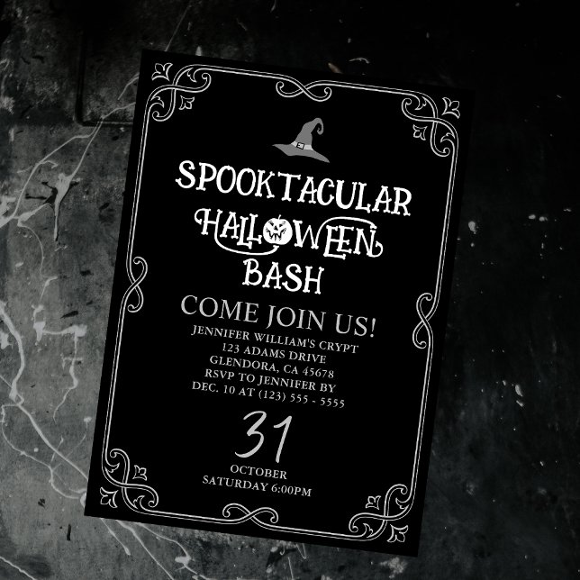 Halloween Black and White Fancy Witch Club Party Invitation (Set the mood for your witchy Halloween party with our black-and-white witch club invitation card!)