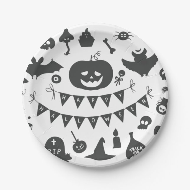 Halloween Black and White Icons Pattern Paper Plate (Front)