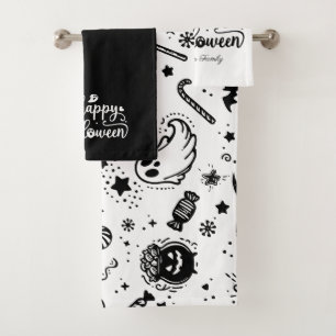 Halloween Black And White Scary Line art Bath Towel Set