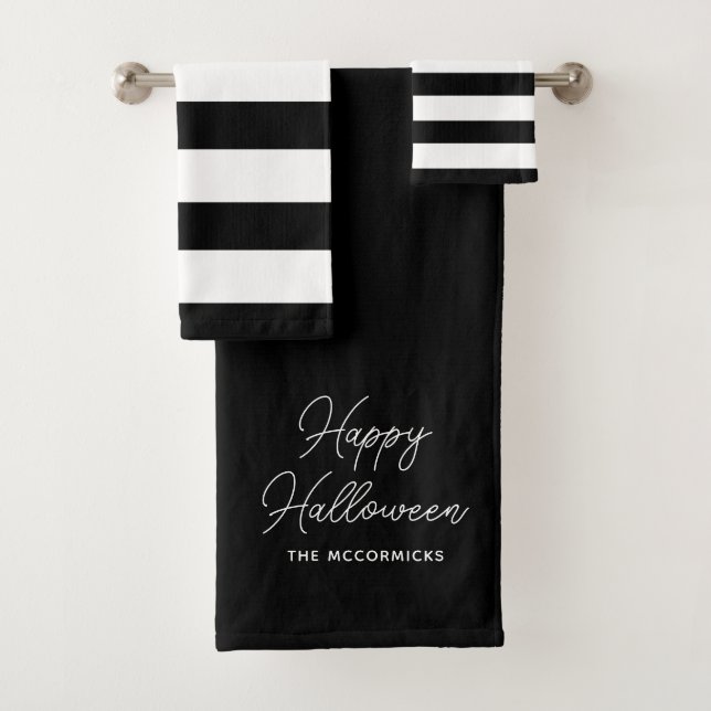 Halloween Black And White Script Text Personalised Bath Towel Set (Insitu)