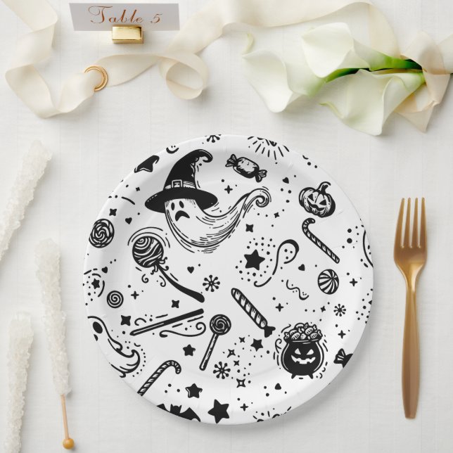 Halloween Black And White Spooky Line Art Birthday Paper Plate (Wedding)