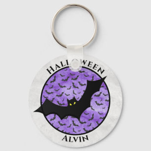 Halloween Black Bat Random Pattern Purple BG Key Ring