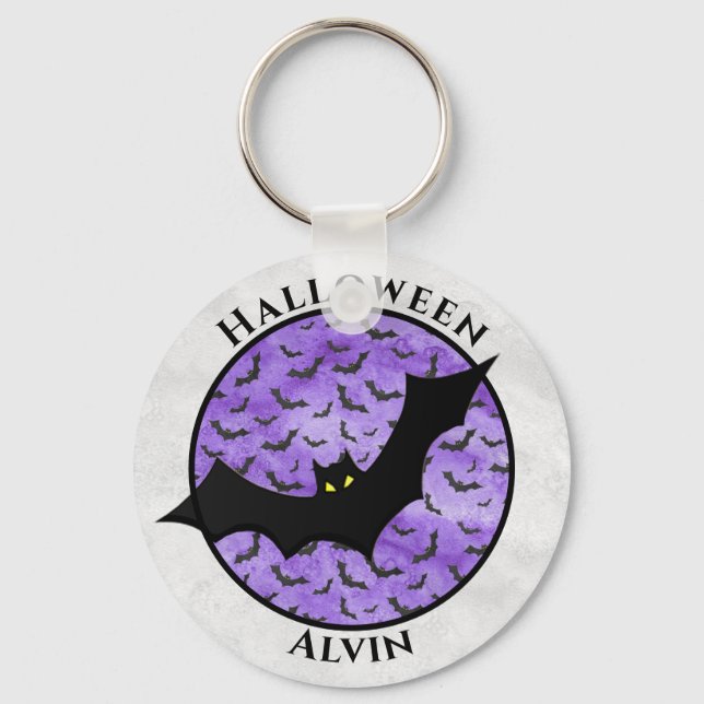 Halloween Black Bat Random Pattern Purple BG Key Ring (Front)