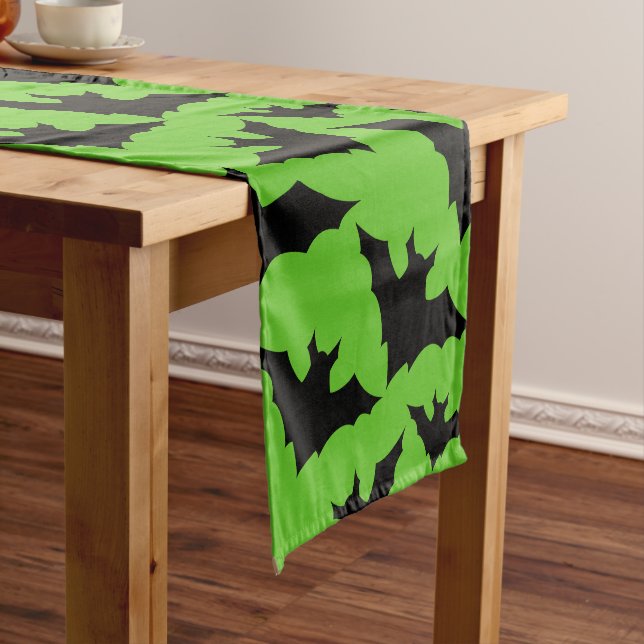 Halloween black bats green cool spooky pattern short table runner (In Situ)