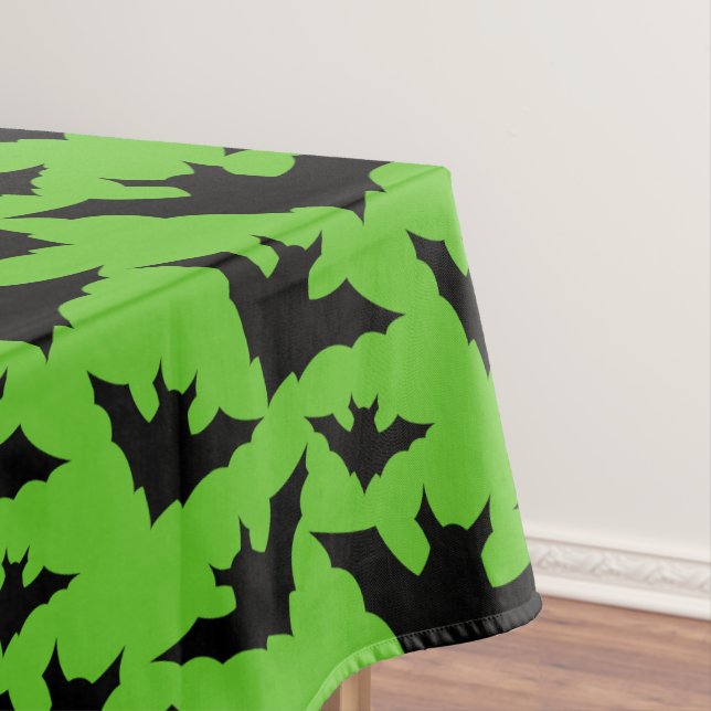 Halloween black bats green cool spooky pattern tablecloth (In Situ)
