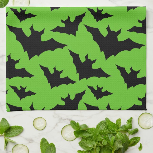 Halloween black bats green cool spooky pattern tea towel (Folded)