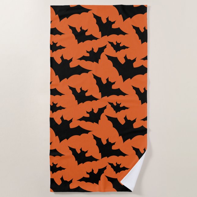 Halloween black bats orange cool spooky pattern beach towel (Front)