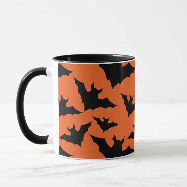 Halloween black bats orange cool spooky pattern mug (Left)