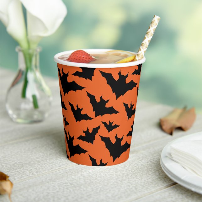 Halloween black bats orange cool spooky pattern paper cups (Insitu)