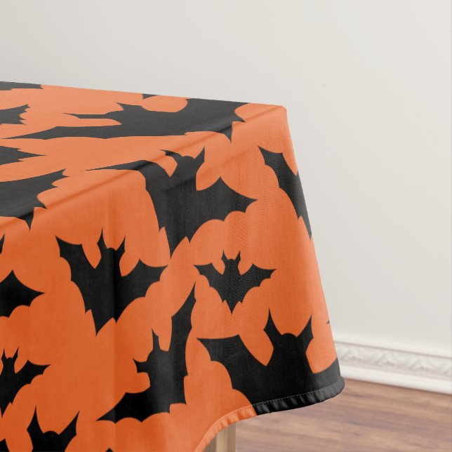 Halloween black bats orange cool spooky pattern tablecloth (In Situ)