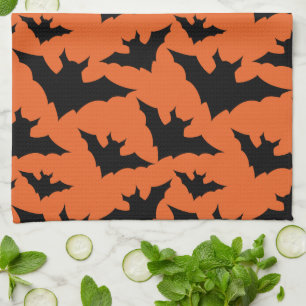 Halloween black bats orange cool spooky pattern tea towel