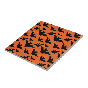 Halloween black bats orange cool spooky pattern tile
