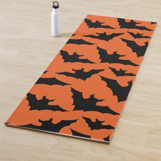 Halloween black bats orange cool spooky pattern yoga mat (In Situ)