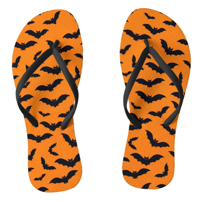 Halloween Black Bats Orange Seamless Pattern Flip Flops (Footbed)