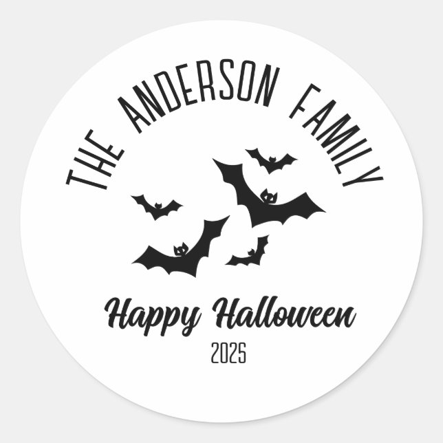 Halloween Black Bats Personalised Name Year Classic Round Sticker (Front)