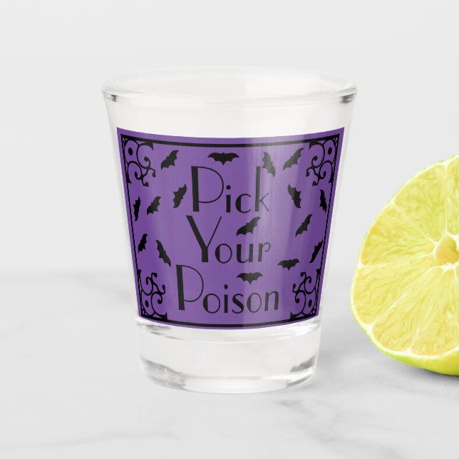 Halloween Black Bats Pick Your Poison Shot Glass (Front)