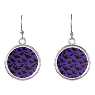 Halloween black bats purple cool spooky pattern earrings