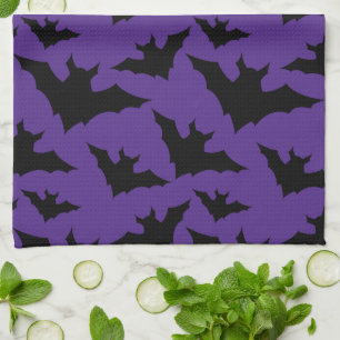 Halloween black bats purple cool spooky pattern tea towel