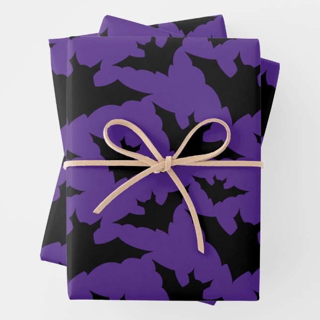 Halloween black bats purple cool spooky pattern wrapping paper sheet (In situ)