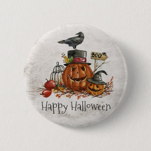 Halloween Black Bird and Pumpkins Button