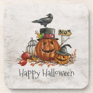 Halloween Black Bird and Pumpkins Coaster