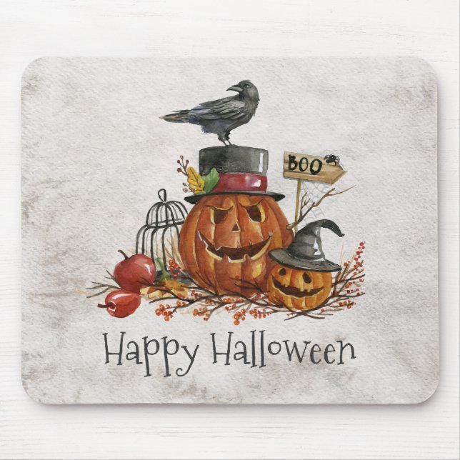 Halloween Black Bird and Pumpkins | Mousepad (Front)