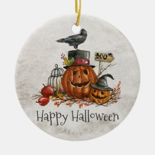 Halloween Black Bird and Pumpkins Ornament