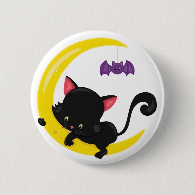 Halloween Black cat and Bat on Crescent Moon 6 Cm Round Badge (Front)