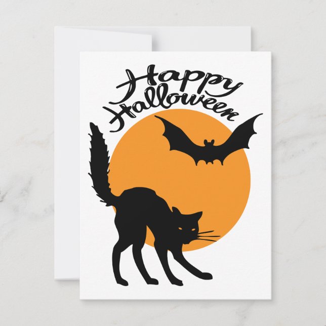 Halloween black cat and bat with moon, halloween card (Front)
