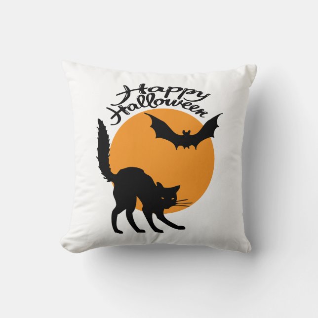Halloween black cat and bat with moon, halloween cushion (Front)