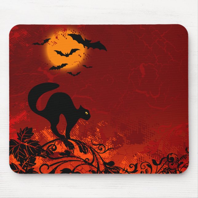Halloween Black Cat and Bats Mouse Mat (Front)