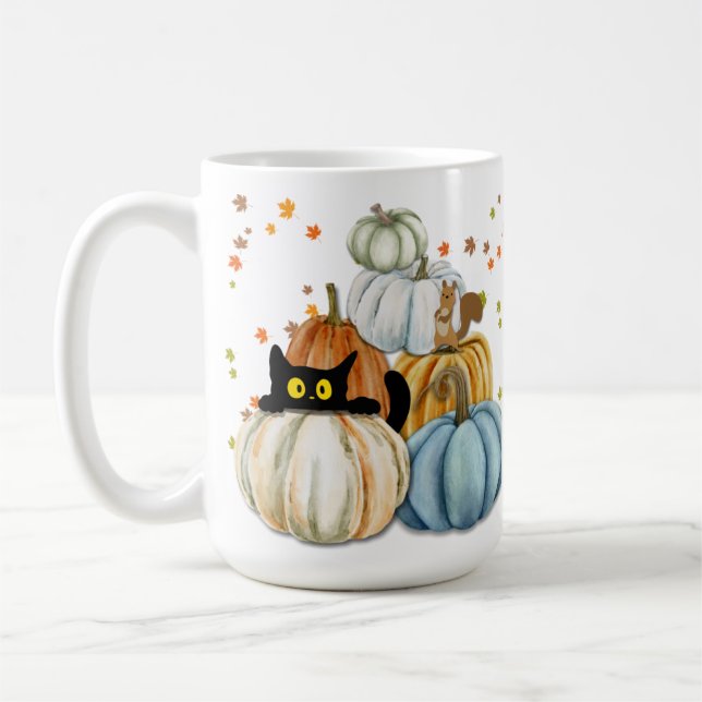 Halloween Black Cat and Colourful Fall Pumpkins  Coffee Mug (Left)
