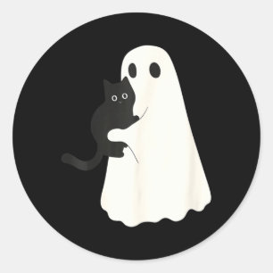Halloween Black Cat And Ghost Cats Ghosts Retro Classic Round Sticker