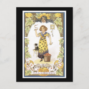 Halloween Black Cat and Girl Postcard