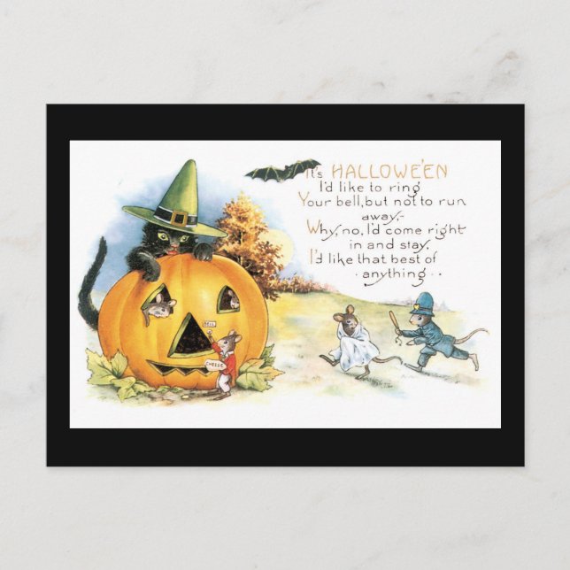 Halloween Black Cat and Mouse Postcard (Front)