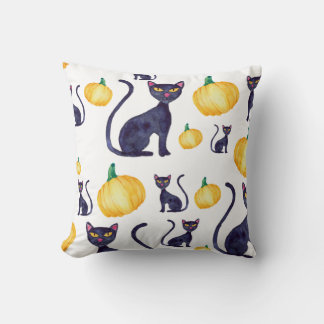 Halloween Black Cat And Orange Pumpkins Design Cushion