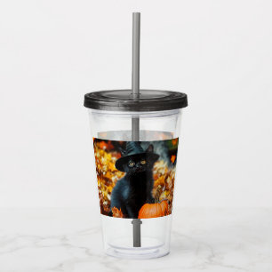Halloween Black Cat and Pumpkin Acrylic Tumbler