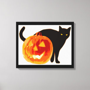 HALLOWEEN BLACK CAT AND PUMPKIN CANVAS PRINT