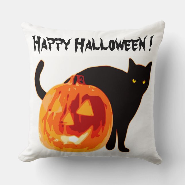 HALLOWEEN BLACK CAT AND PUMPKIN CUSHION (Front)