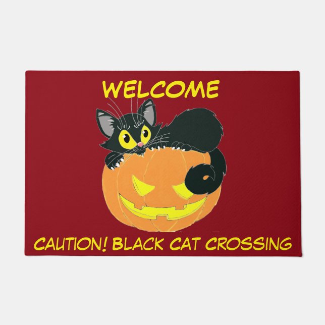 Halloween Black Cat and Pumpkin Doormat (Front)
