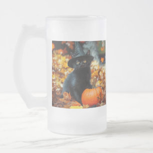 Halloween Black Cat and Pumpkin Frosted Glass Beer Mug